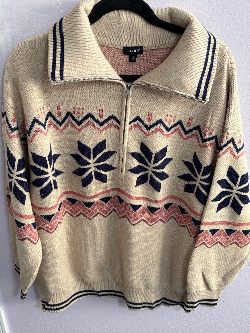 torrid Beige Zip-Front Fair Isle Sweater with Navy & Dusty Rose Size 1